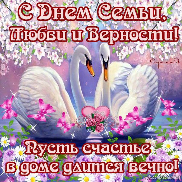 Открытка с праздником день семьи , открытка лебедь с днём семьи Картинка , открытка с праздником день семьи , день любви и верности , на открытке лебедь , грациозный красивый лебедь, нежные цветы , красивая открытка ко дню семьи.